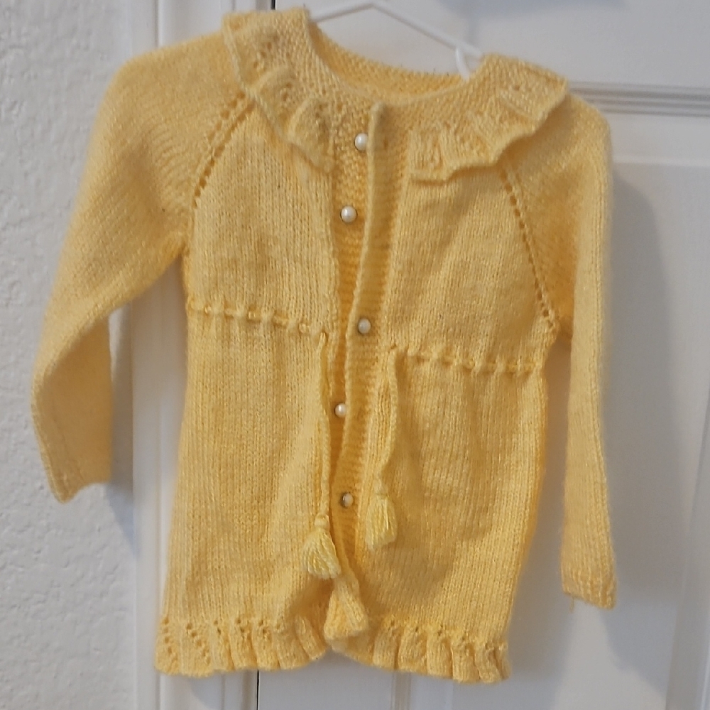 Yellow Knit Cardigan with Ruffle Collar